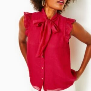 Lilly Pulitzer Maddi Cotton Silk tie neck top (Poinsetta Red) size S